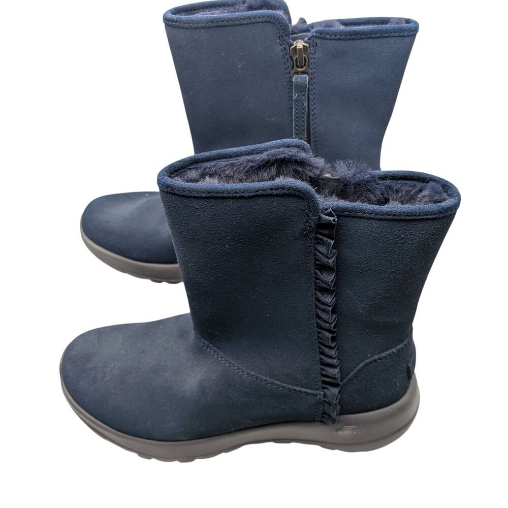 SKECHERS Women's 7 Navy Blue Faux Fur Lined Mid Calf Boots Side Zip Memory Foam